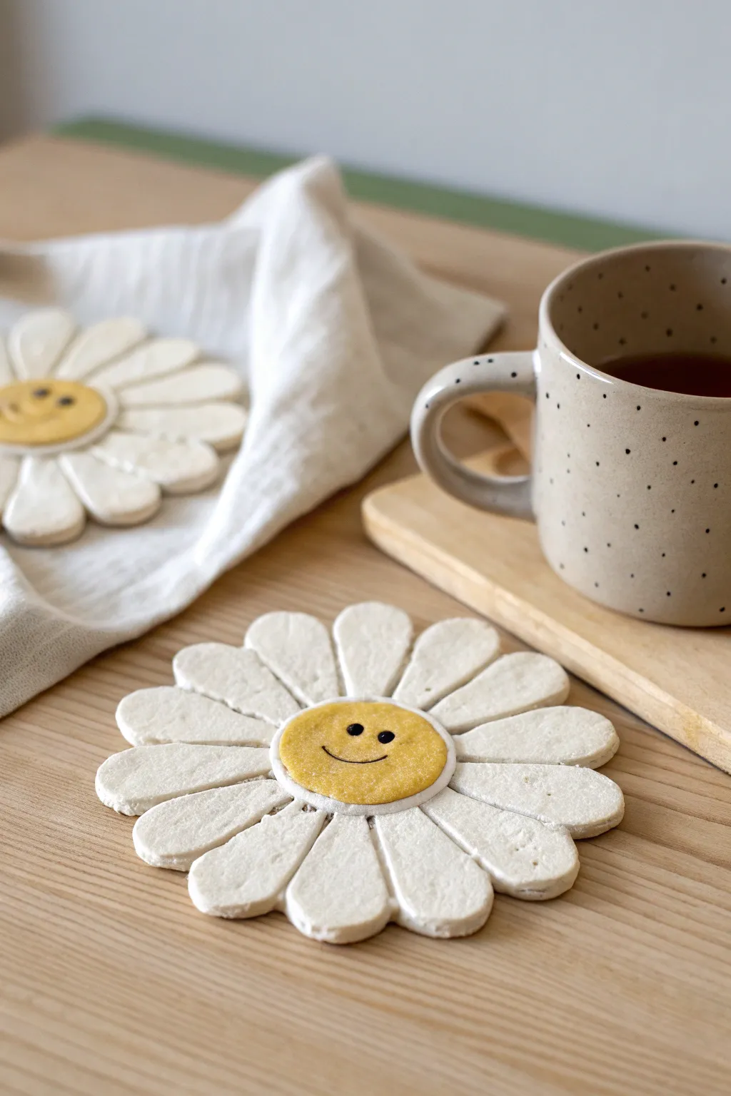 Adorable daisy clay coasters with a sweet face, perfect beginner project for cozy coffee breaks