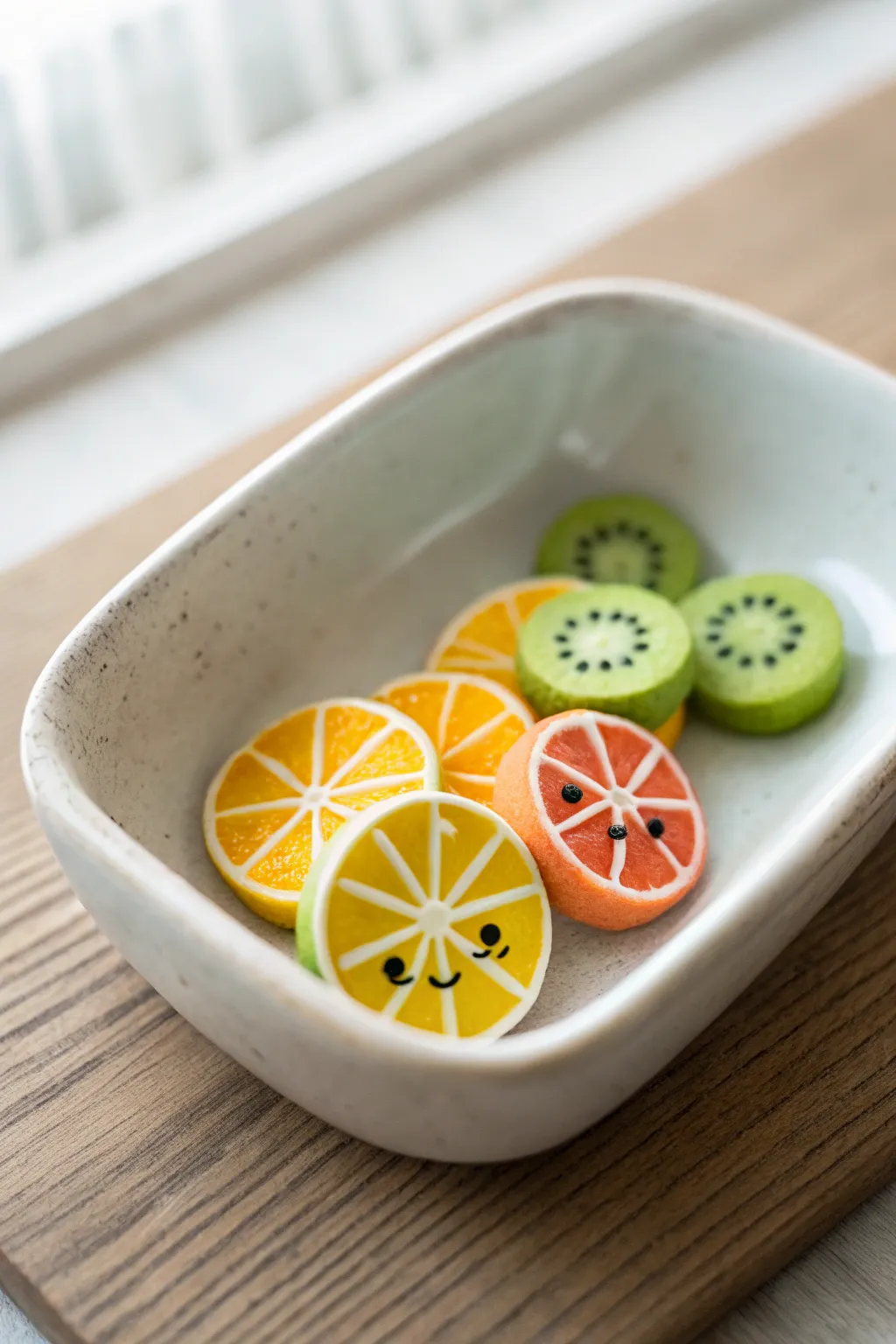 Tiny citrus and kiwi clay slice friends, bright and simple, styled in soft Scandinavian boho light.