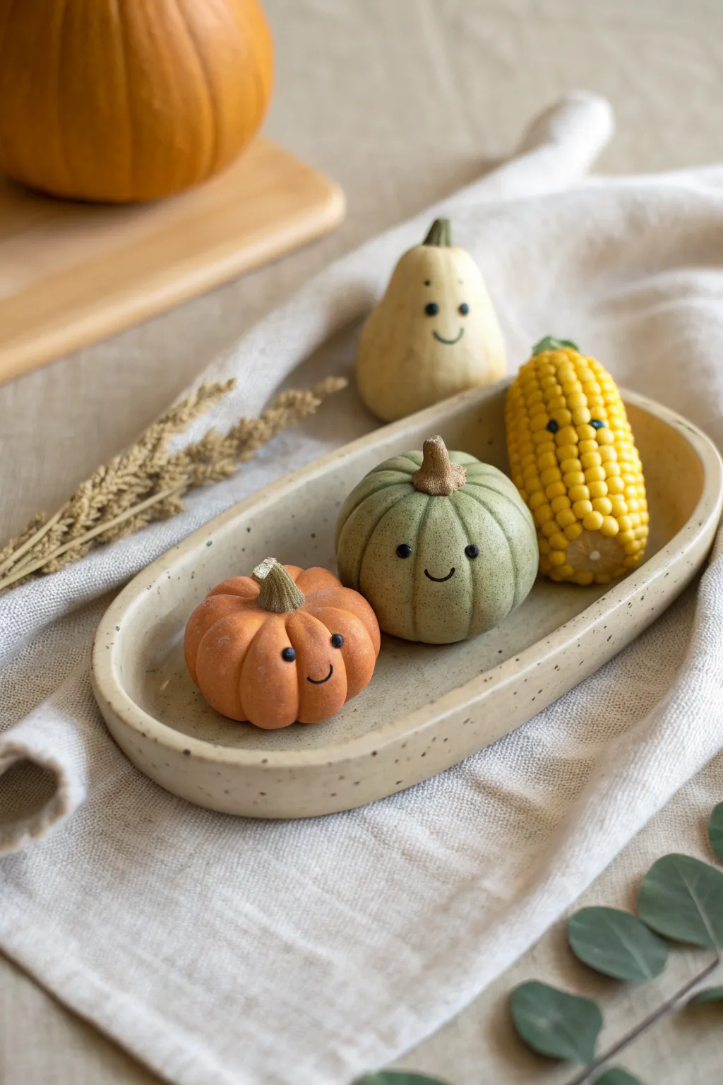 Tiny harvest veggie friends, a sweet minimalist clay set for cozy fall shelf styling.