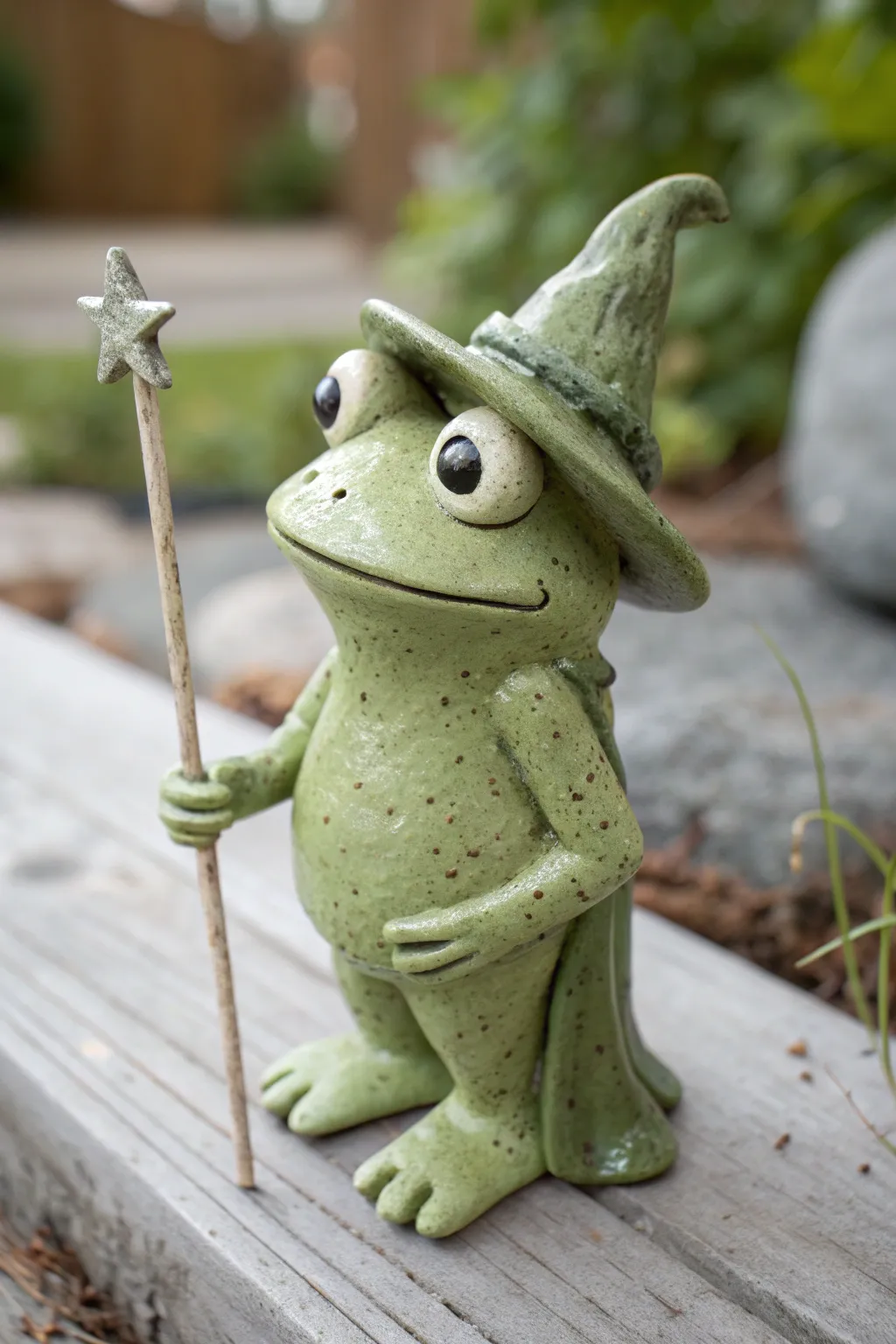 Playful wizard hat frog figurine in simple clay, a cute minimalist make with storybook charm