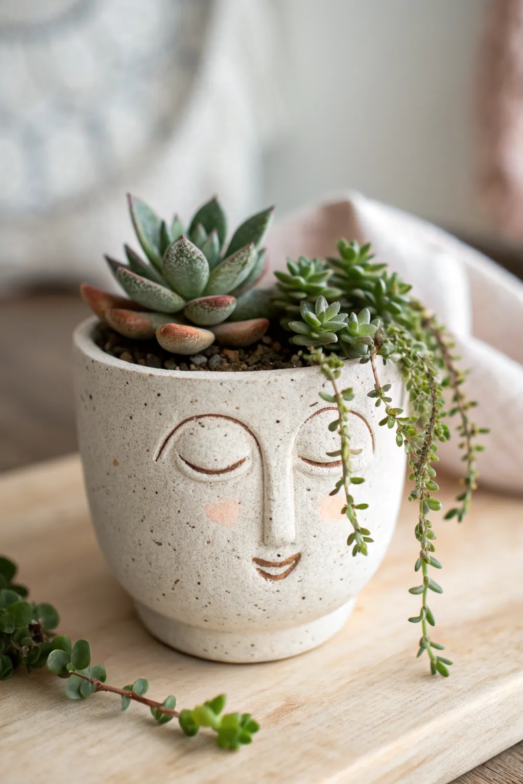 Sweet little face planter with leafy hair plant, minimal Scandinavian style with a boho touch.