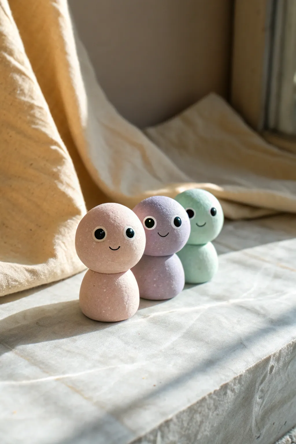 Pastel eyeball friends with sparkly highlights and tiny smiles, cute not creepy for Halloween.