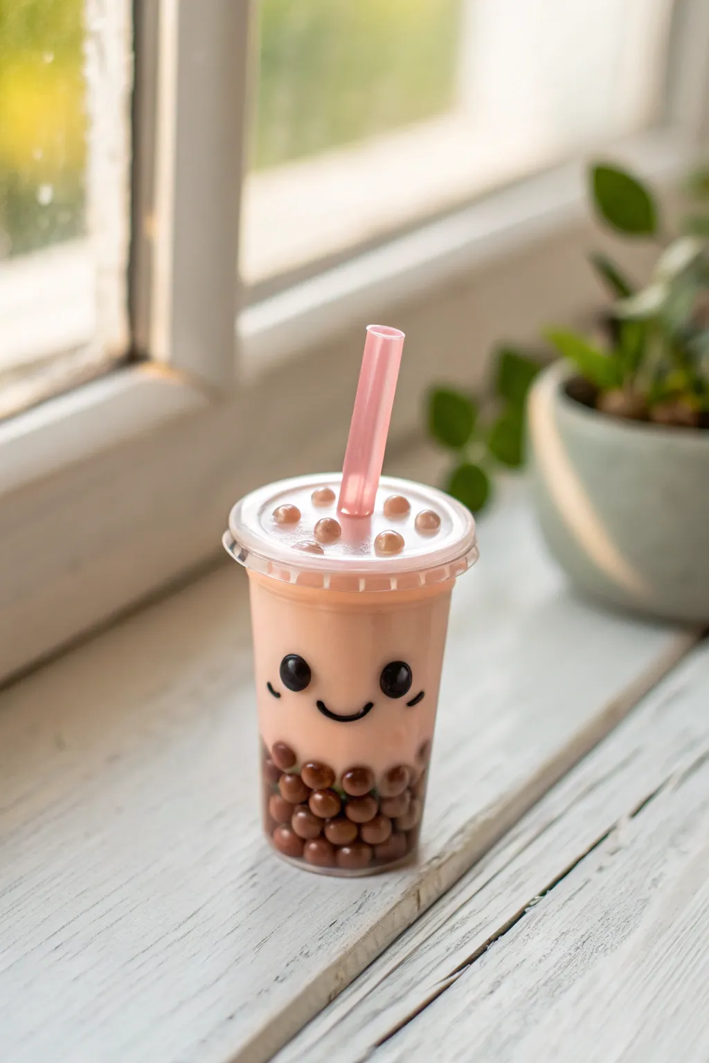 Glossy mini boba drink pal with a cute smile, perfect for simple Scandinavian boho decor.