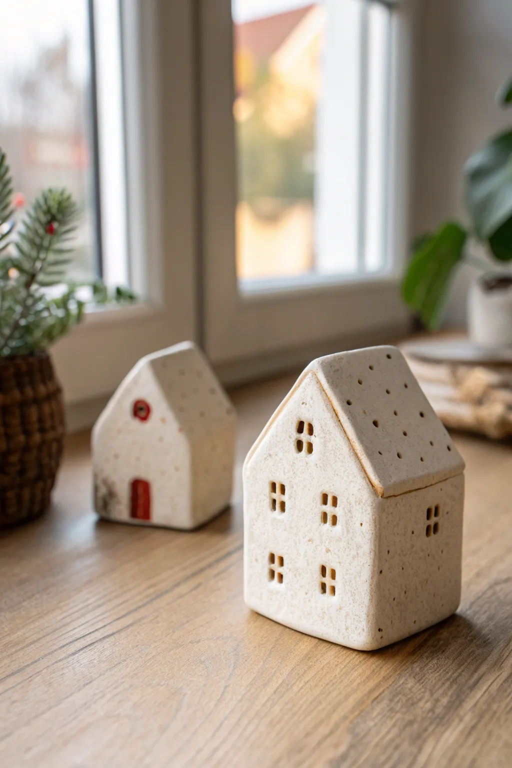 Tiny clay house pocket ornaments in a cozy mini neighborhood, minimalist and irresistibly cute