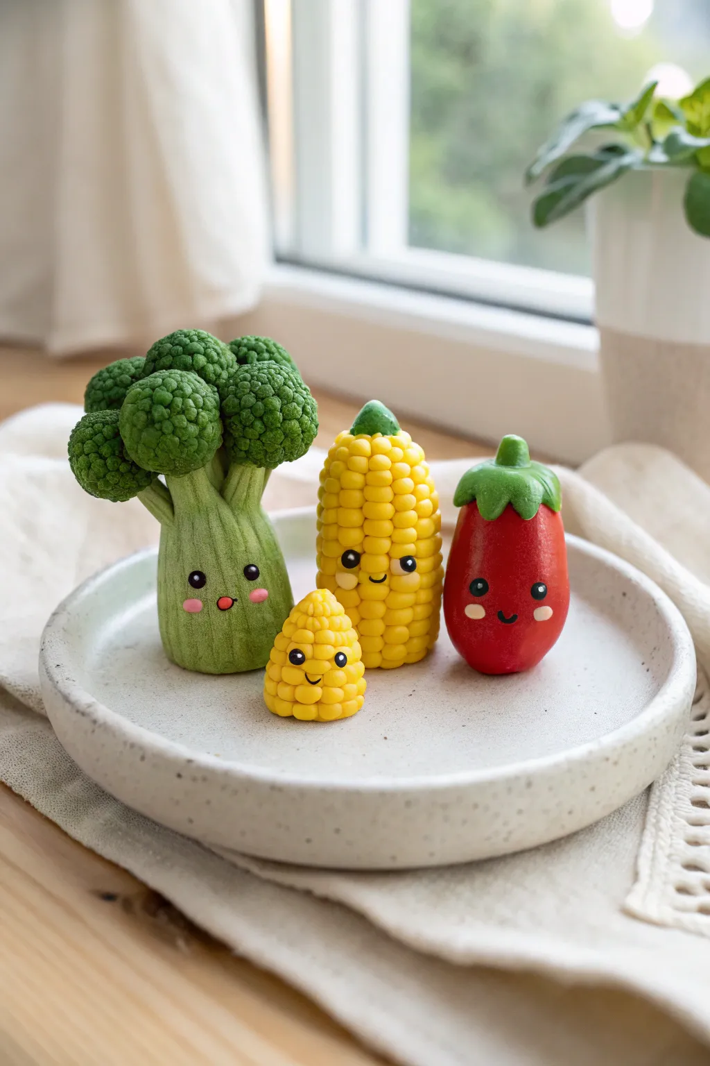 Mini veggie characters with sweet faces and simple textures for an easy, cute tiny clay project.