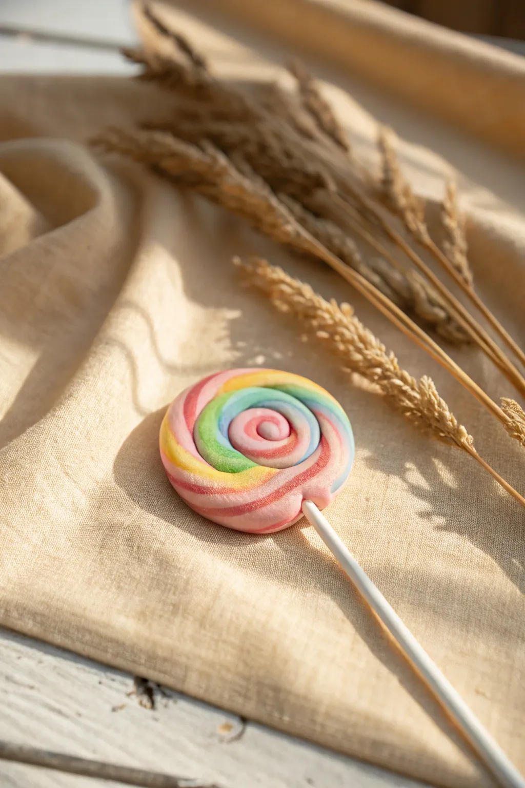 Mini rainbow swirl Model Magic lollipop with a sweet smile, minimalist boho styling and crisp contrast