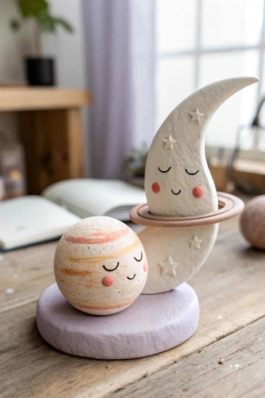 Mini planet and moon desk buddy in dreamy pastels, a cute oven-bake clay idea for your workspace