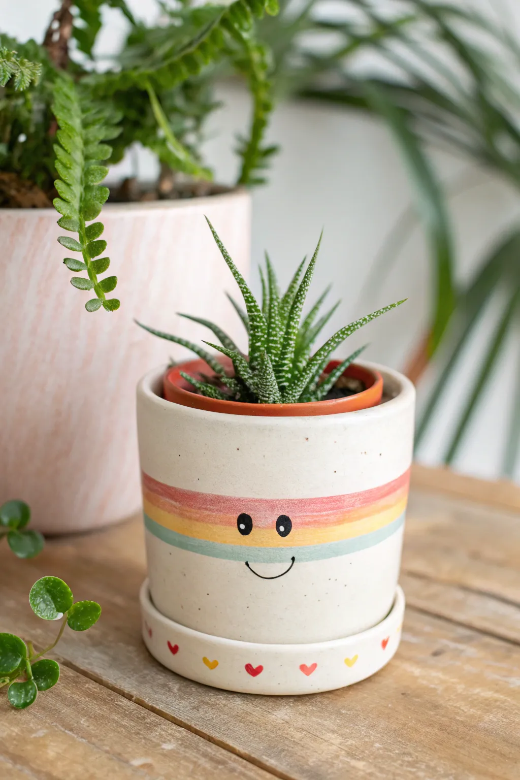 Rainbow rim pot with a tiny smiley face, simple to paint and perfect for cute minimalist decor.