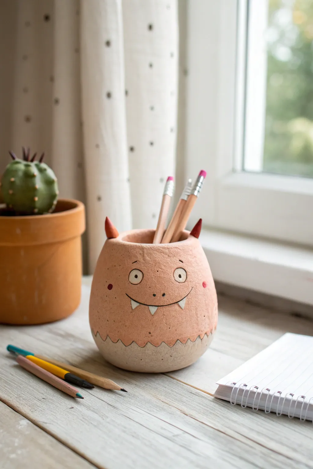 Smiling monster pinch pot with tiny horns, holding cute mini supplies in a bright minimal setup