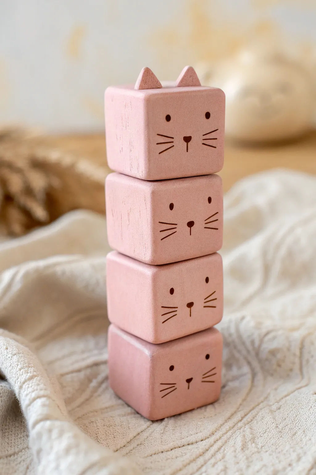 Stackable pink kitty clay cubes with minimalist faces, Scandinavian calm and a playful boho touch.