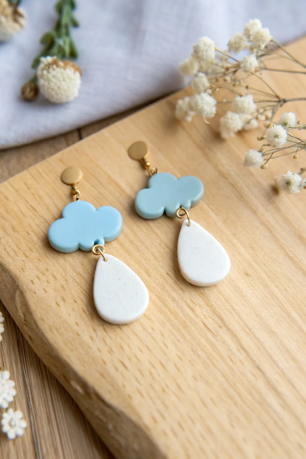 Pastel cloud and raindrop mismatched polymer clay earrings, minimal and dreamy for everyday wear