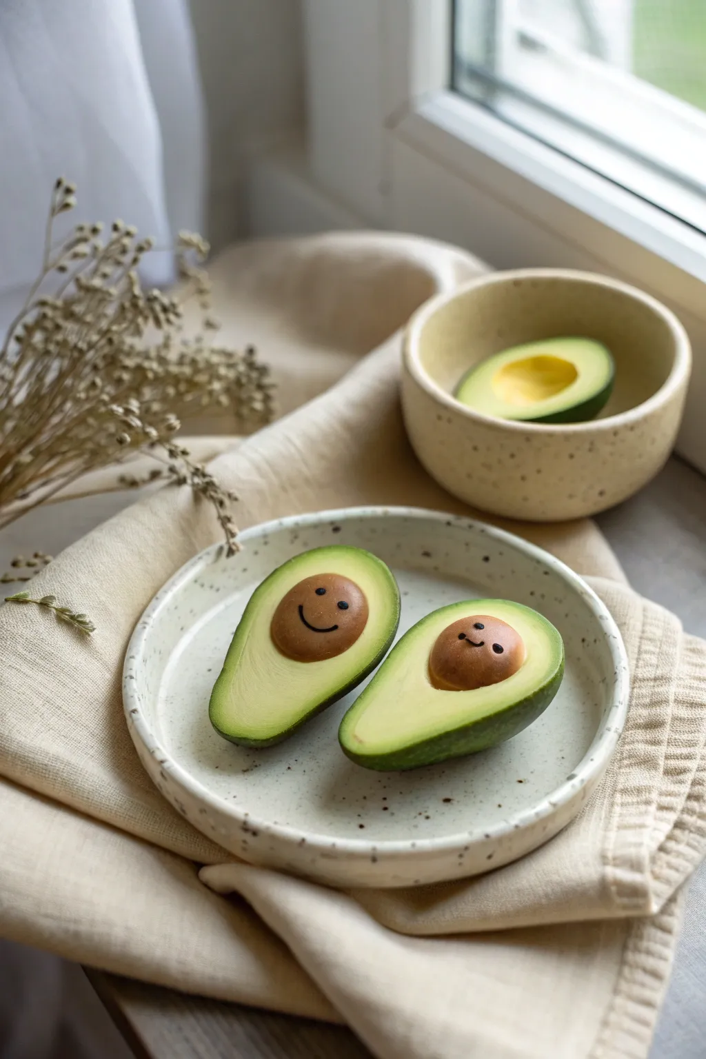 Adorable mini polymer clay avocados with a tiny smiling pit, perfect for beginner projects