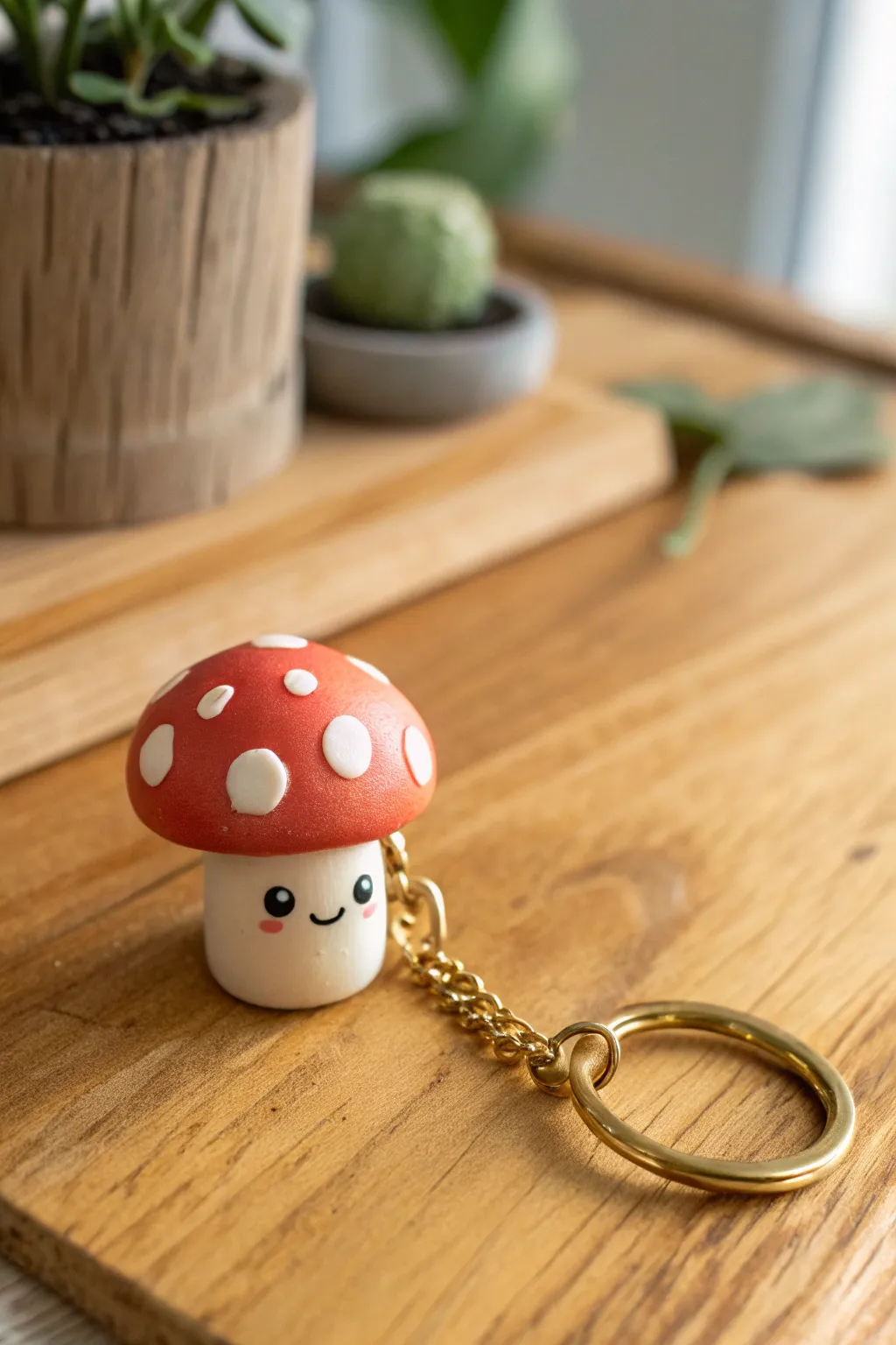 Mini mushroom keychain charm with sweet polka dots, styled on warm wood for cozy minimal vibes.