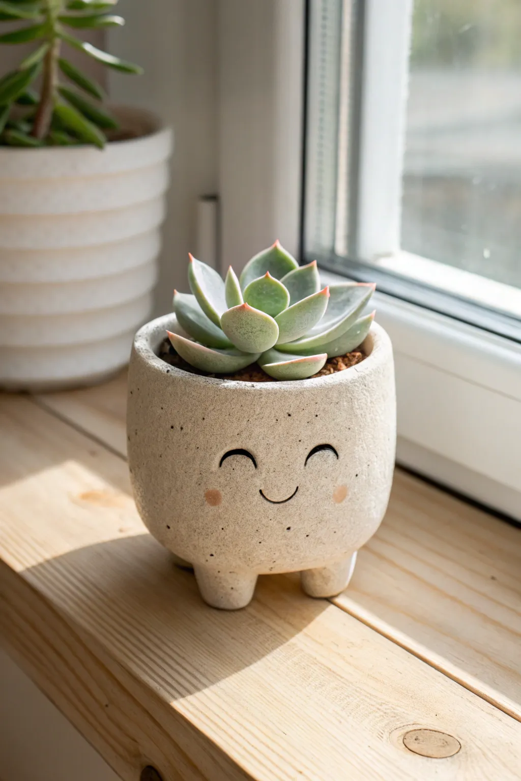 Tiny smiling clay succulent pot in soft window light, minimalist and cozy with a boho touch