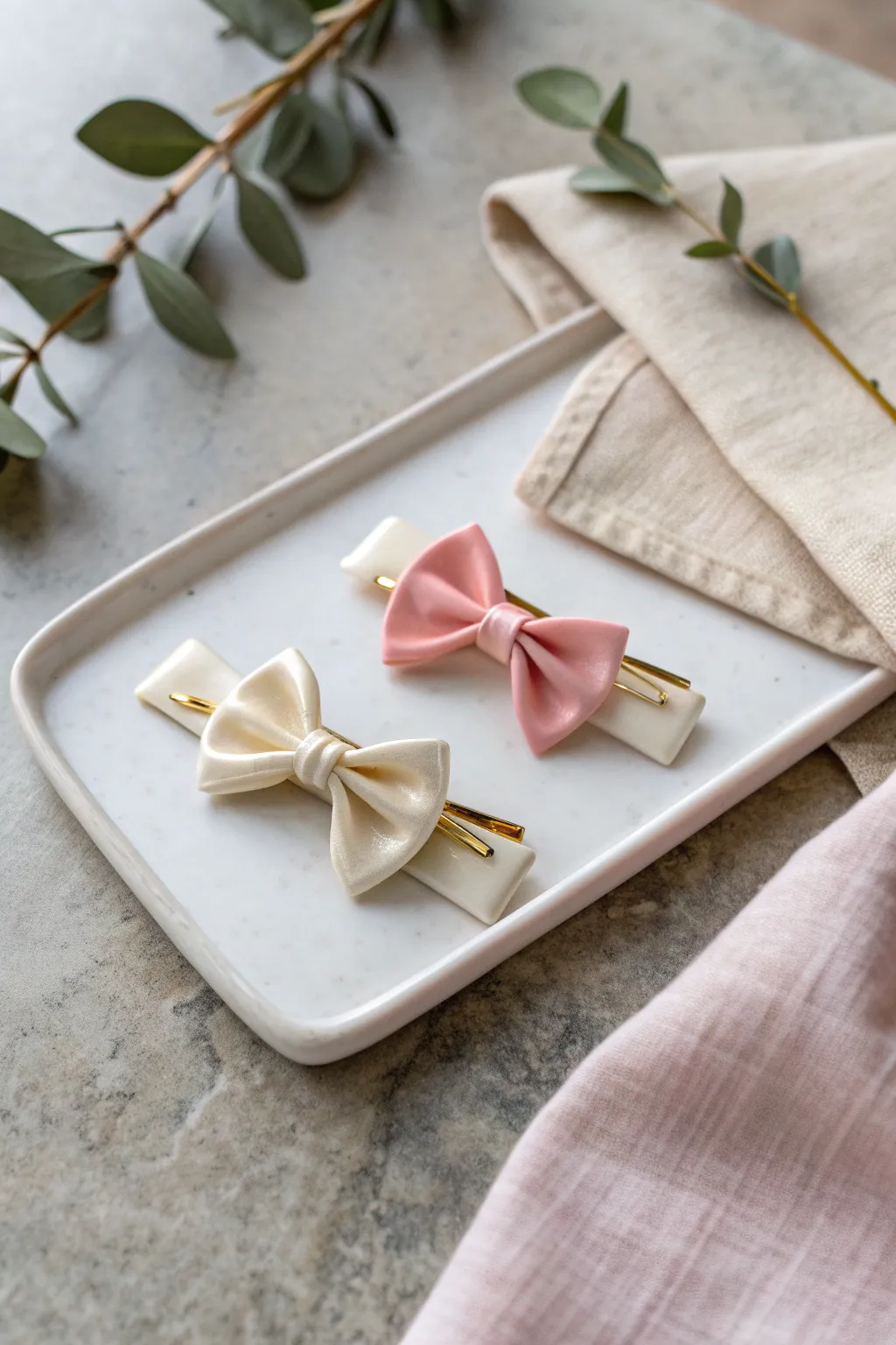 Tiny glossy air dry clay bow clips styled like a minimalist gift set for sweet everyday hair.