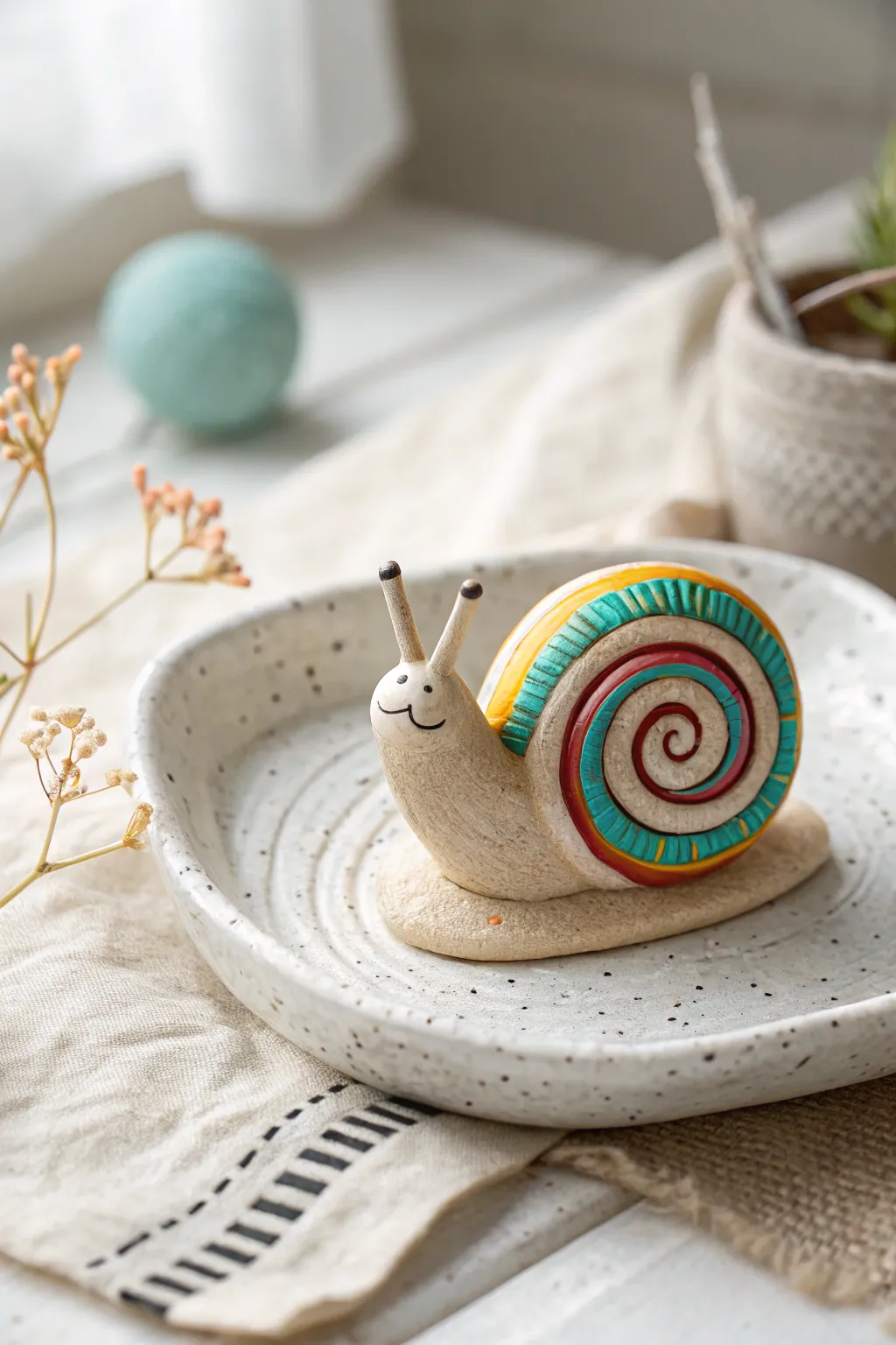 Tiny clay snail with a bright swirly shell, perfect cute mini project for your pottery shelf.