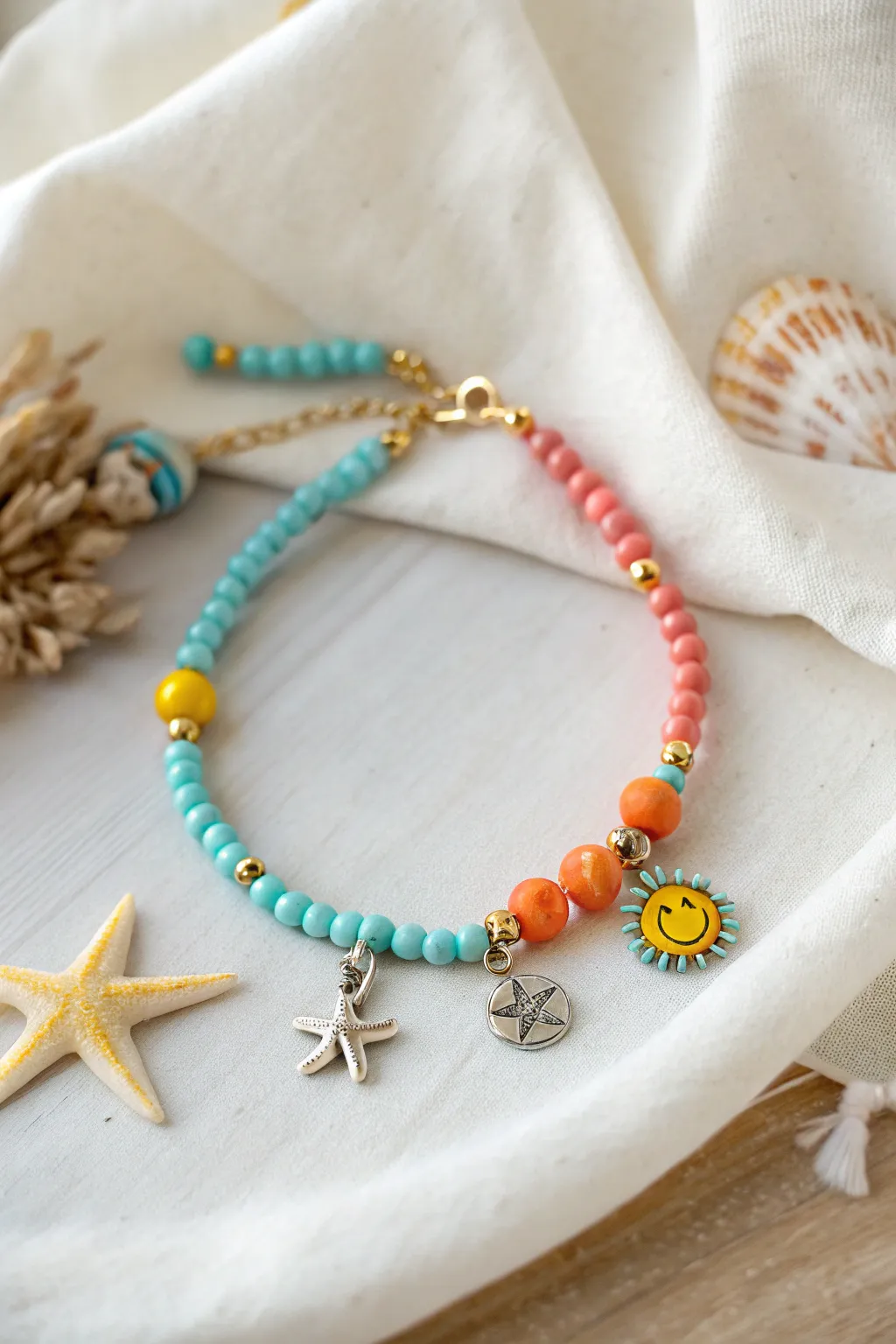 Mini charm cluster bracelet with bright clay beads and tiny beach icons for sweet summer vibes