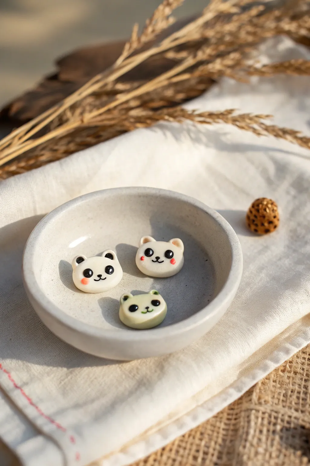 Mini bear, cat, and frog clay studs with glossy eyes, styled in a calm minimalist boho flat lay.