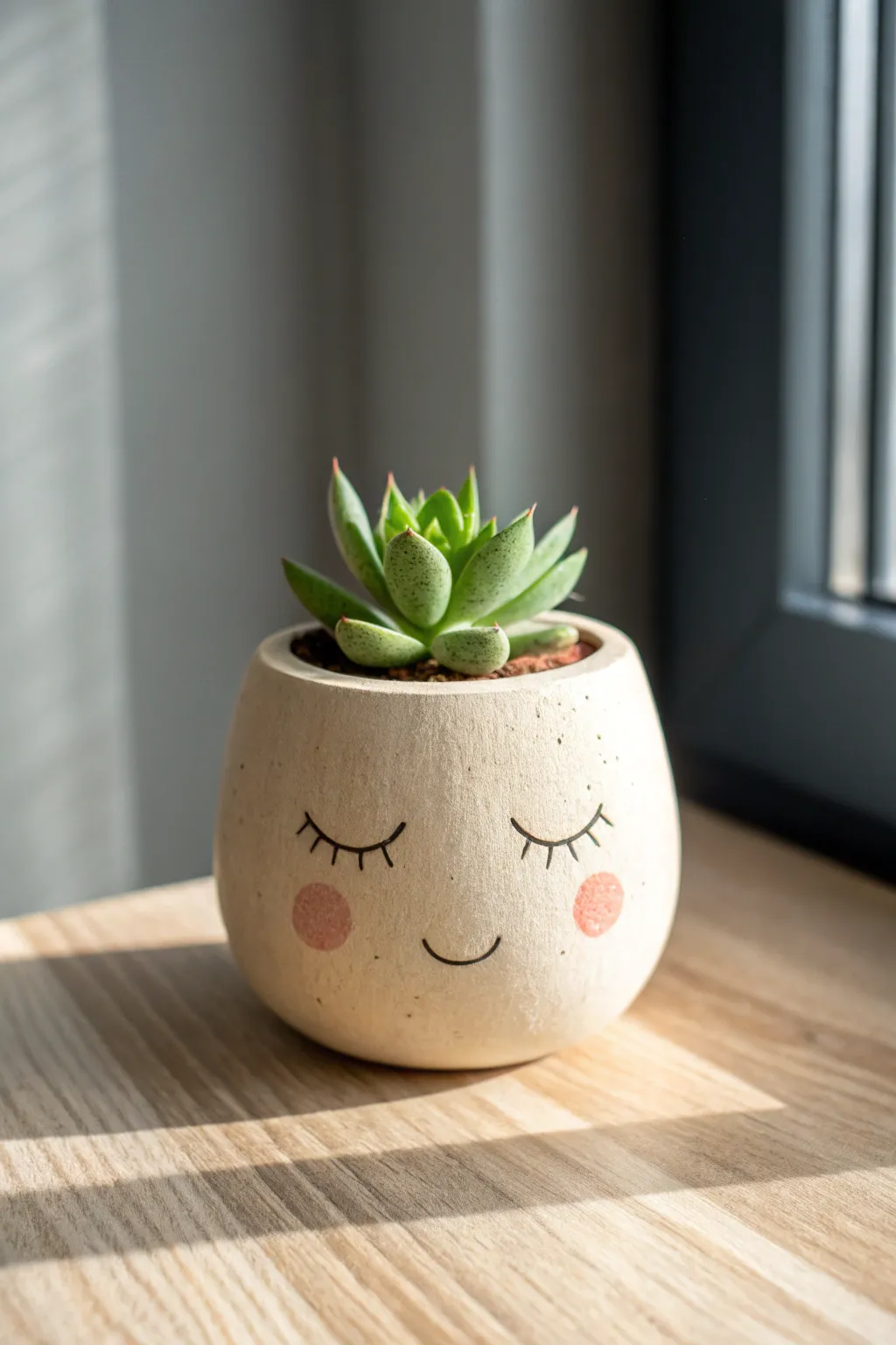 Mini sleepy-face clay planter with a tiny succulent, matte neutral tones and cozy minimal styling.