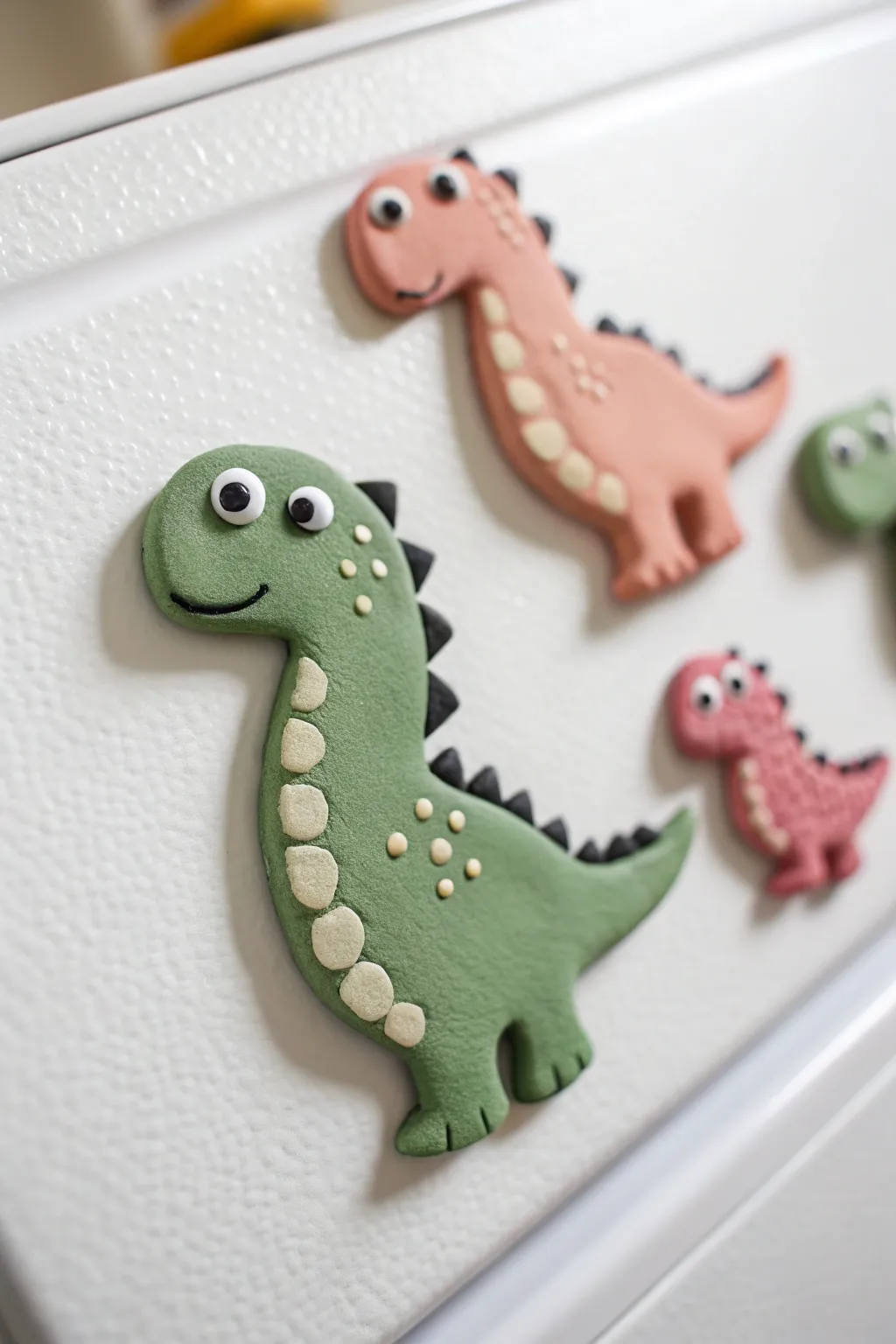 Sweet pastel dinosaur clay magnets with kawaii eyes, perfect for a minimalist fridge or locker.