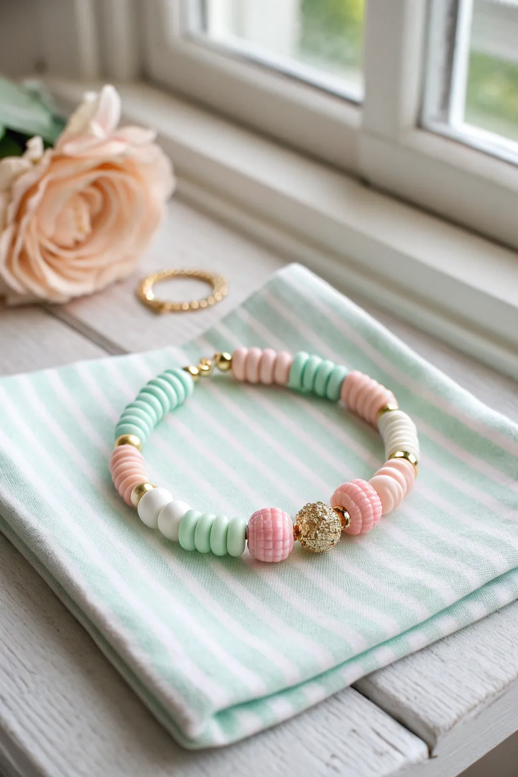 Pastel snack-inspired Heishi bracelet with sprinkle accents in a clean, airy minimalist flat lay