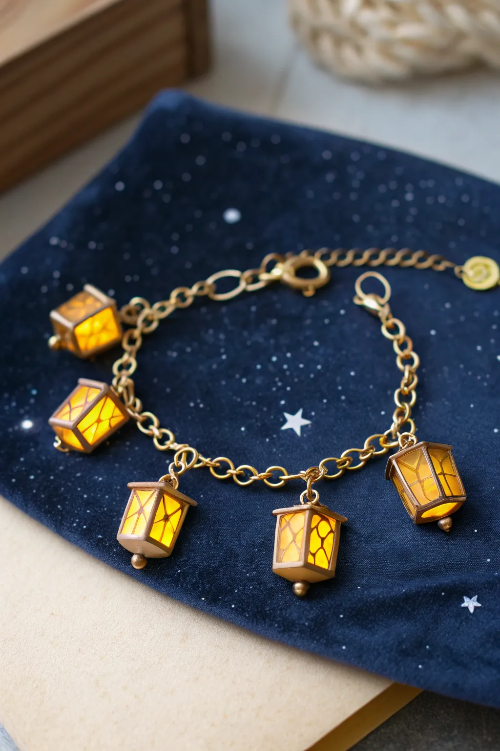 Dreamy navy bracelet with tiny glowing lantern clay charms, a cozy fairytale night accent.
