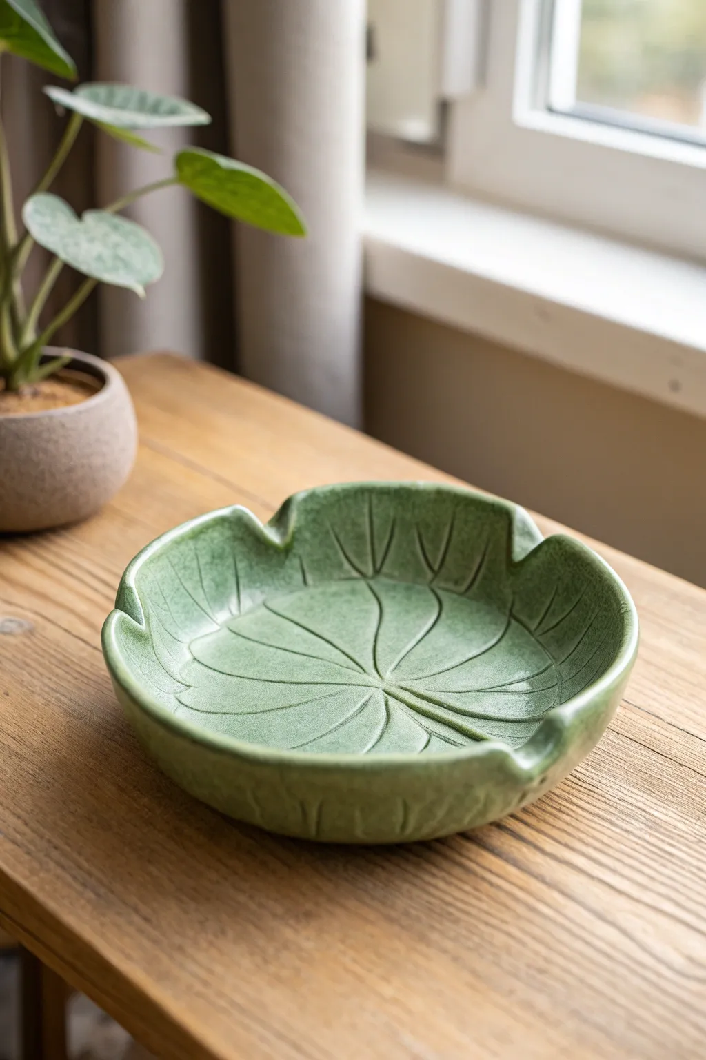 Soft green lily pad clay ashtray with carved veins, minimalist boho mood and natural calm.