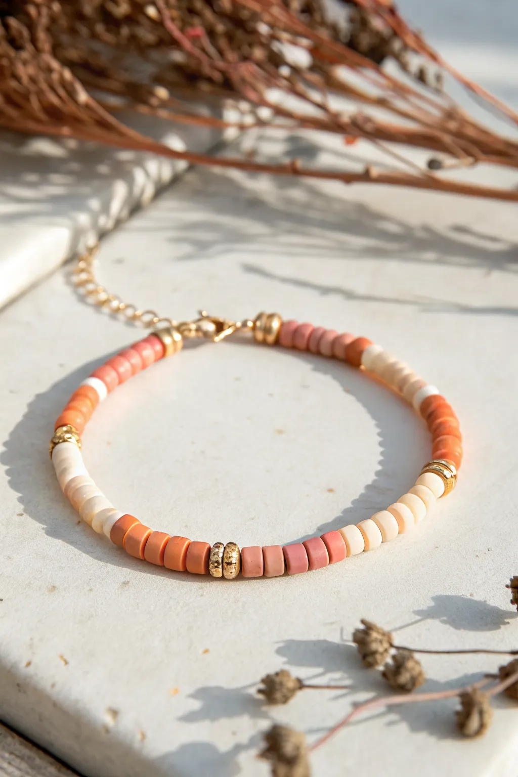 Sunset heishi bead bracelet in peach and coral tones, minimal flat lay with soft boho vibe.