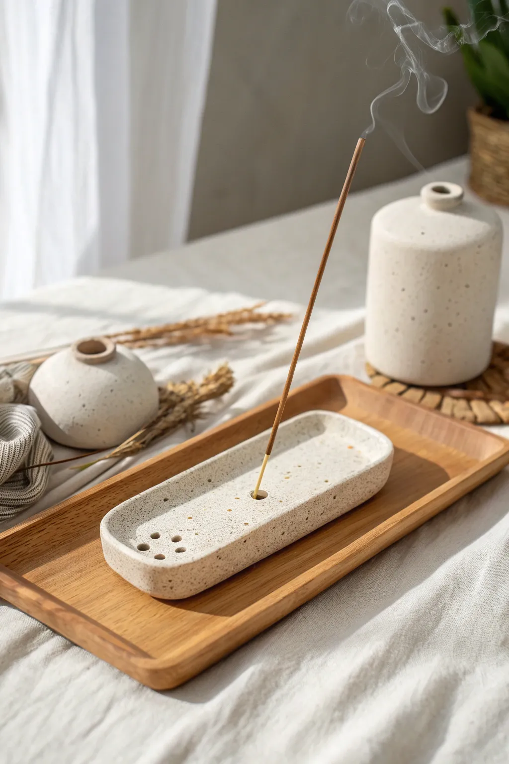 Modern slab incense holder in natural clay with calm Scandi-boho styling and crisp, clean contrast.