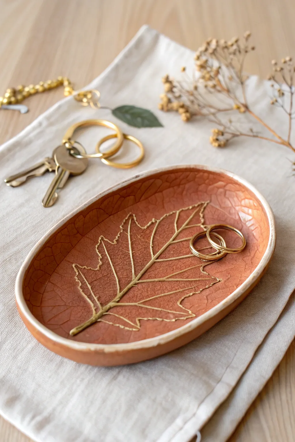 Leaf-imprint trinket tray in earthy clay with a subtle metallic rim, perfect for gifts.