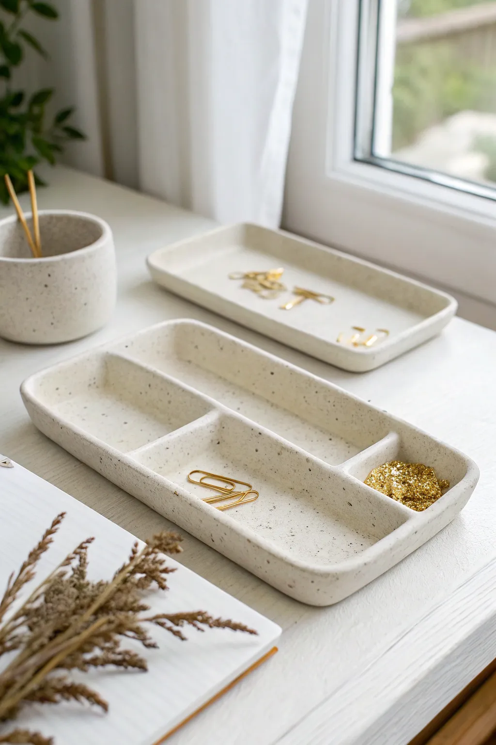 Minimal clay desk trays for tiny essentials, styled bright and calm with soft boho warmth