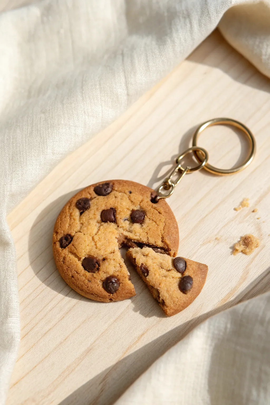 Bite-mark cookie clay keychain charm with chunky chips, styled in a warm Scandinavian minimalist flat lay.