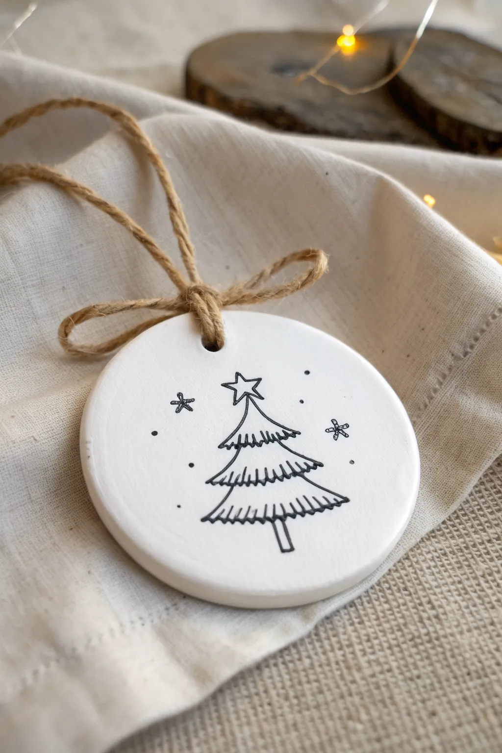 Minimal white clay ornament with simple black line art for an elegant Scandinavian holiday touch.