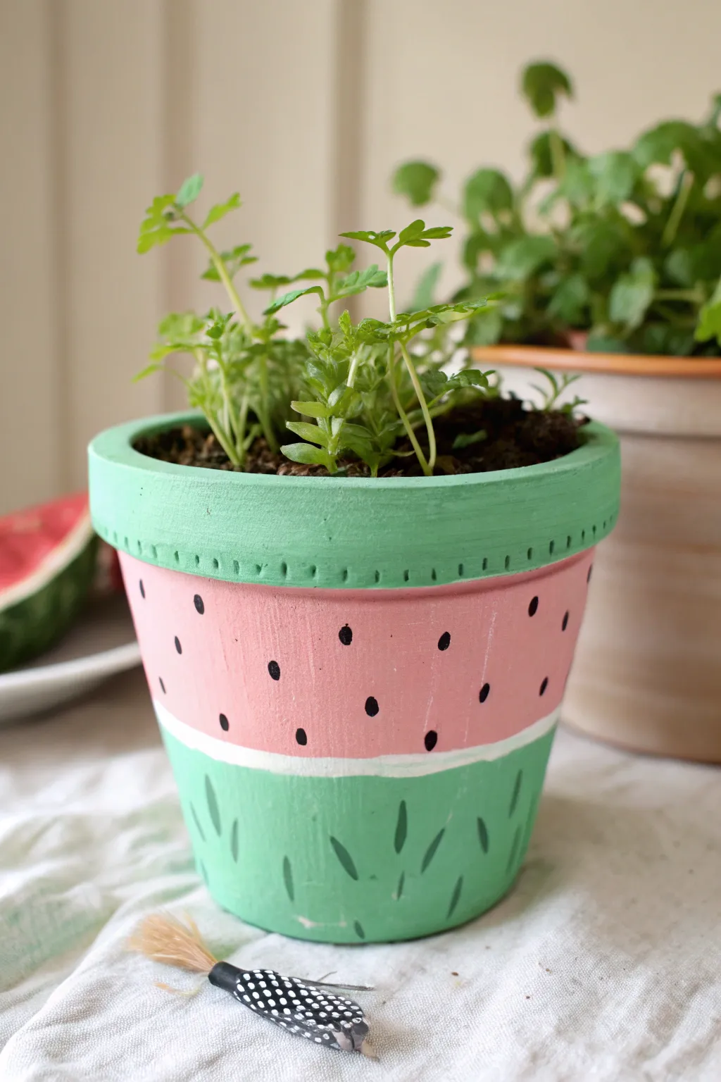 Watermelon-painted terracotta pot with fresh greenery, a simple fruit-inspired DIY decor idea.