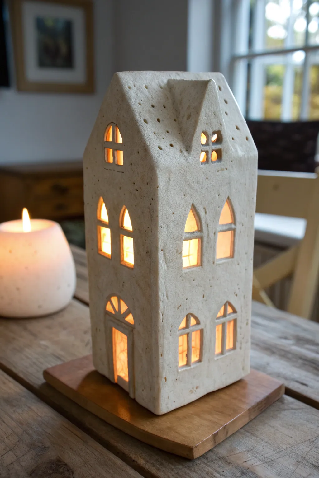 Softly glowing haunted house luminary tile, an easy beginner clay DIY for Halloween nights.