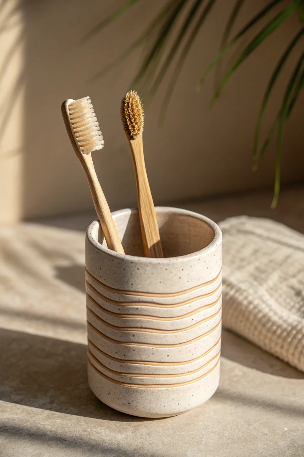 Coil-built clay cup with a wavy divider keeps two toothbrushes tidy and beautifully separated.
