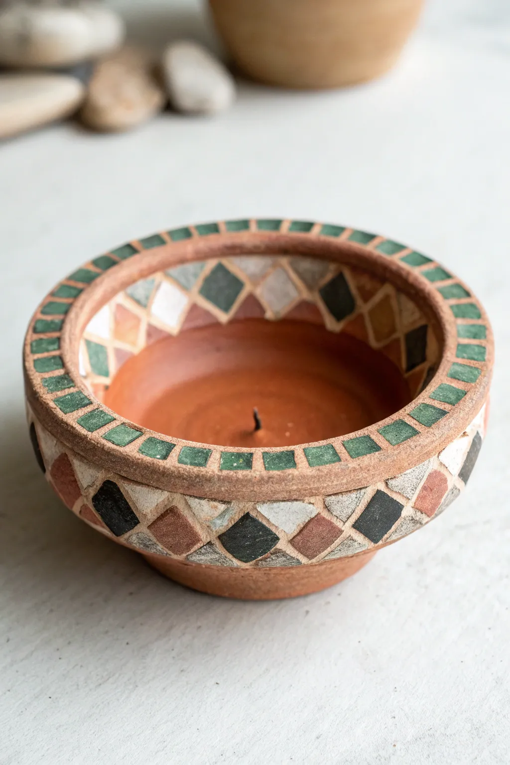 Faux mosaic rim diya in muted earthy tones, minimalist and boho, perfect for easy DIY painting