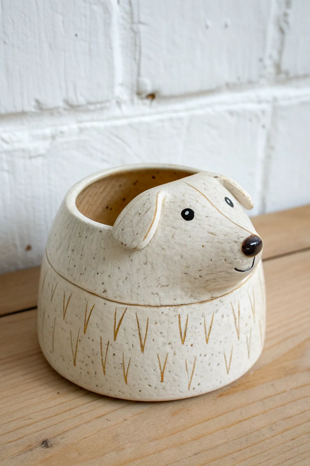 Textured fur dog pinch pot with a simple face, a cozy handmade idea for easy ceramic charm.