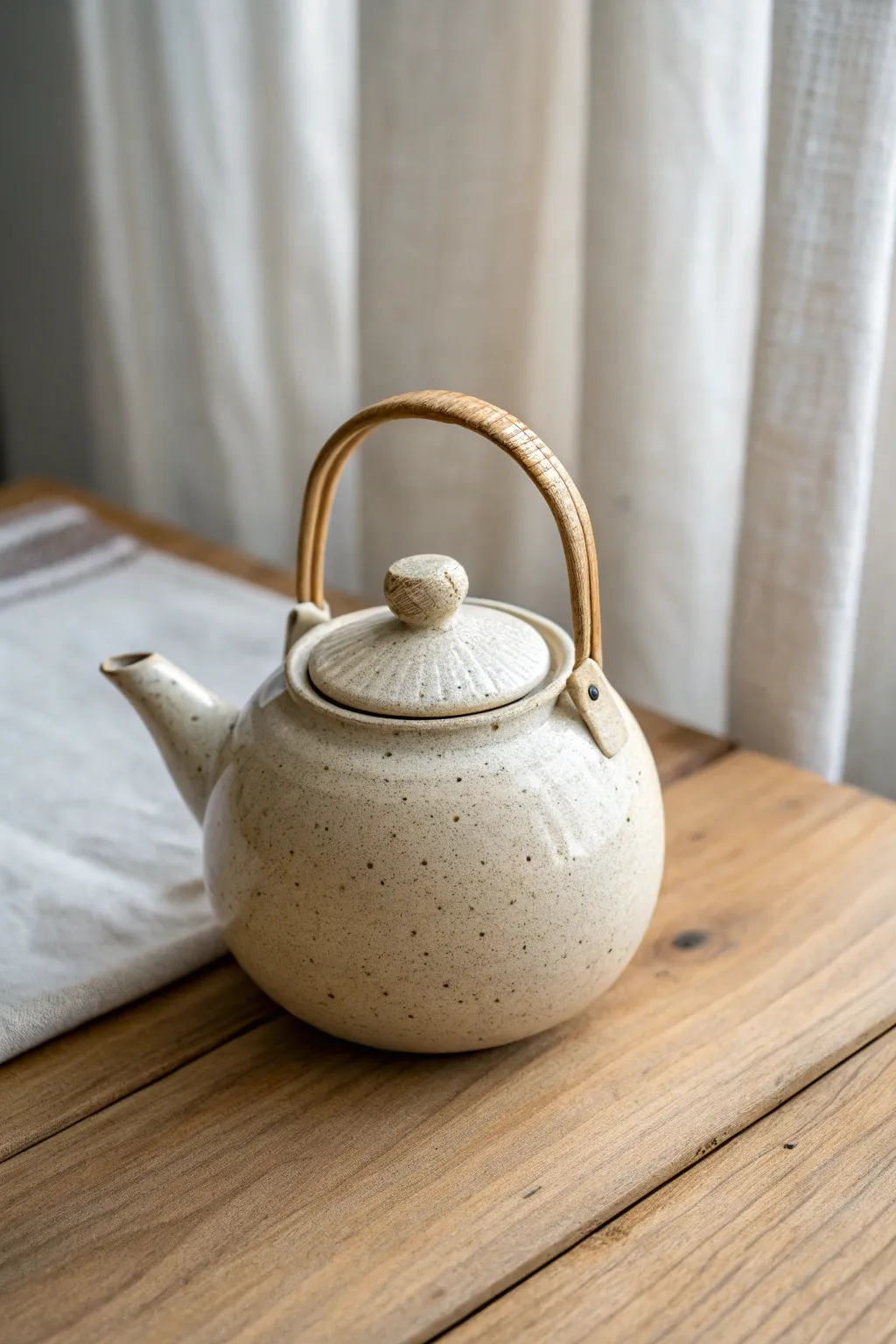 A simple teapot shaped from a double pinch pot sphere, calm neutral glaze and cozy texture