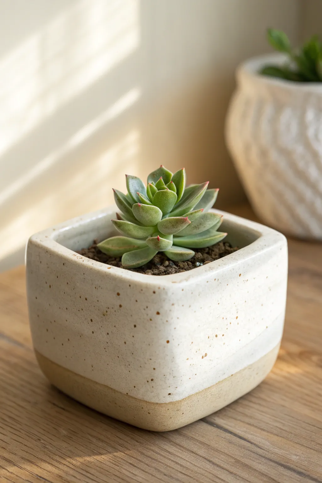 Soft-corner drape planter in simple glaze, styled with a tiny succulent for calm modern vibes.