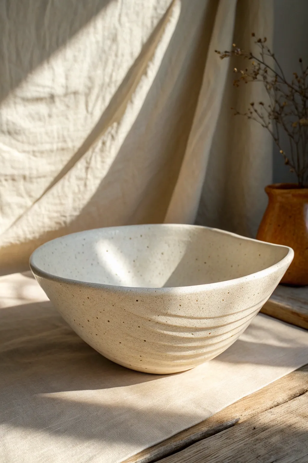 Dramatic S-curve drape-molded bowl, photographed from the side to reveal the double bend.