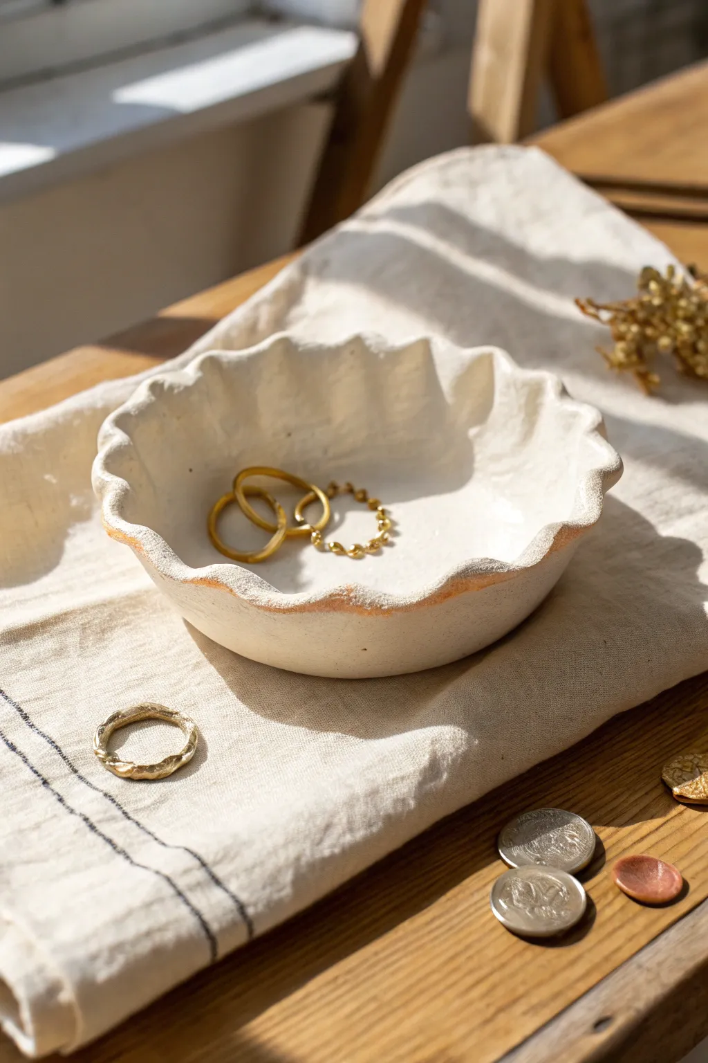 Wavy air-dry clay catch-all bowl with terracotta squiggle, made for jewelry and spare change