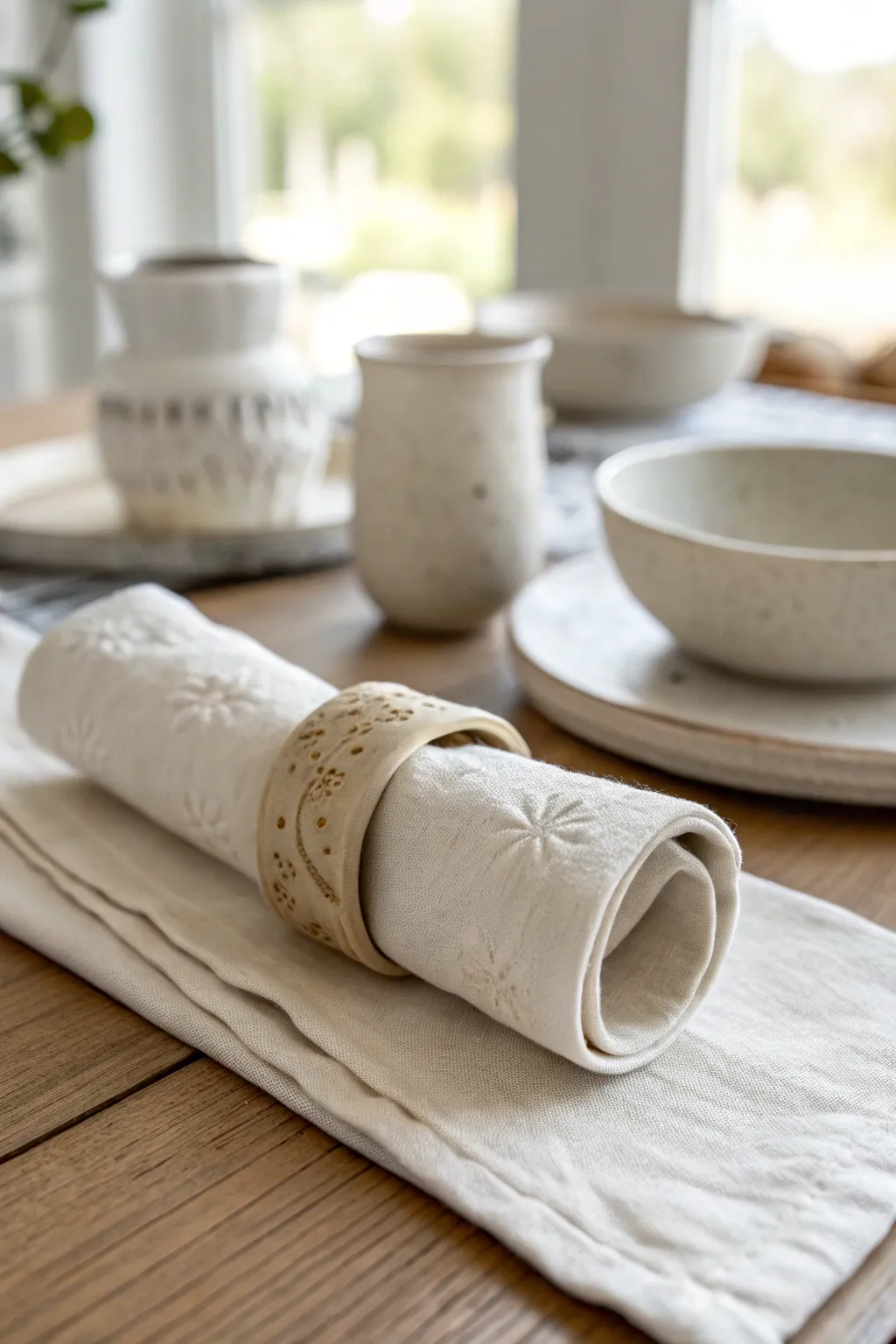 Minimal air-dry clay napkin ring with simple stamped texture, styled on linen for an easy DIY