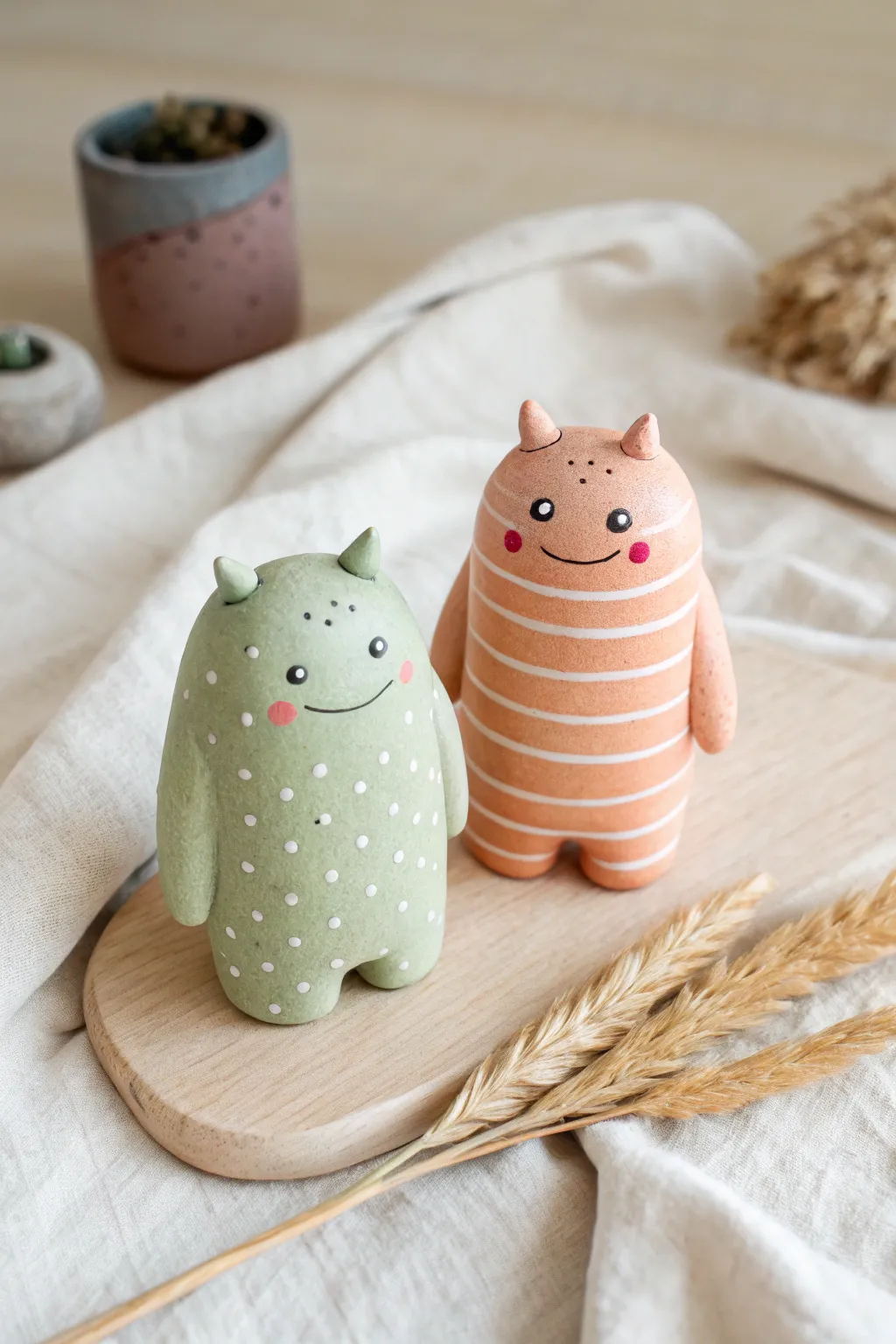 Two beginner-friendly clay monster besties in soft colors, simple textures, and cozy contrast