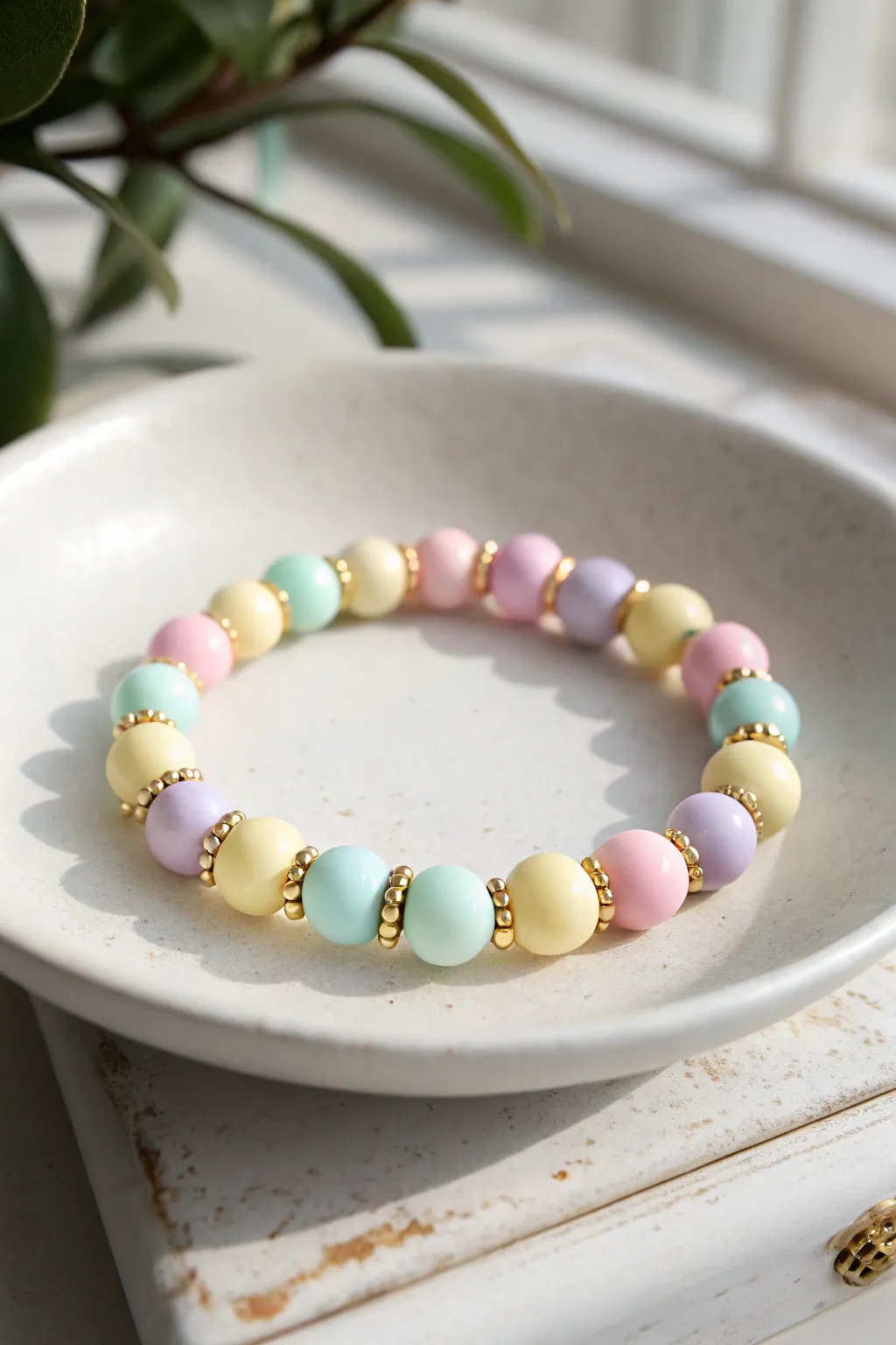 Sunday best pastels meet gold spacers for a simple, dressy Easter clay bead bracelet.