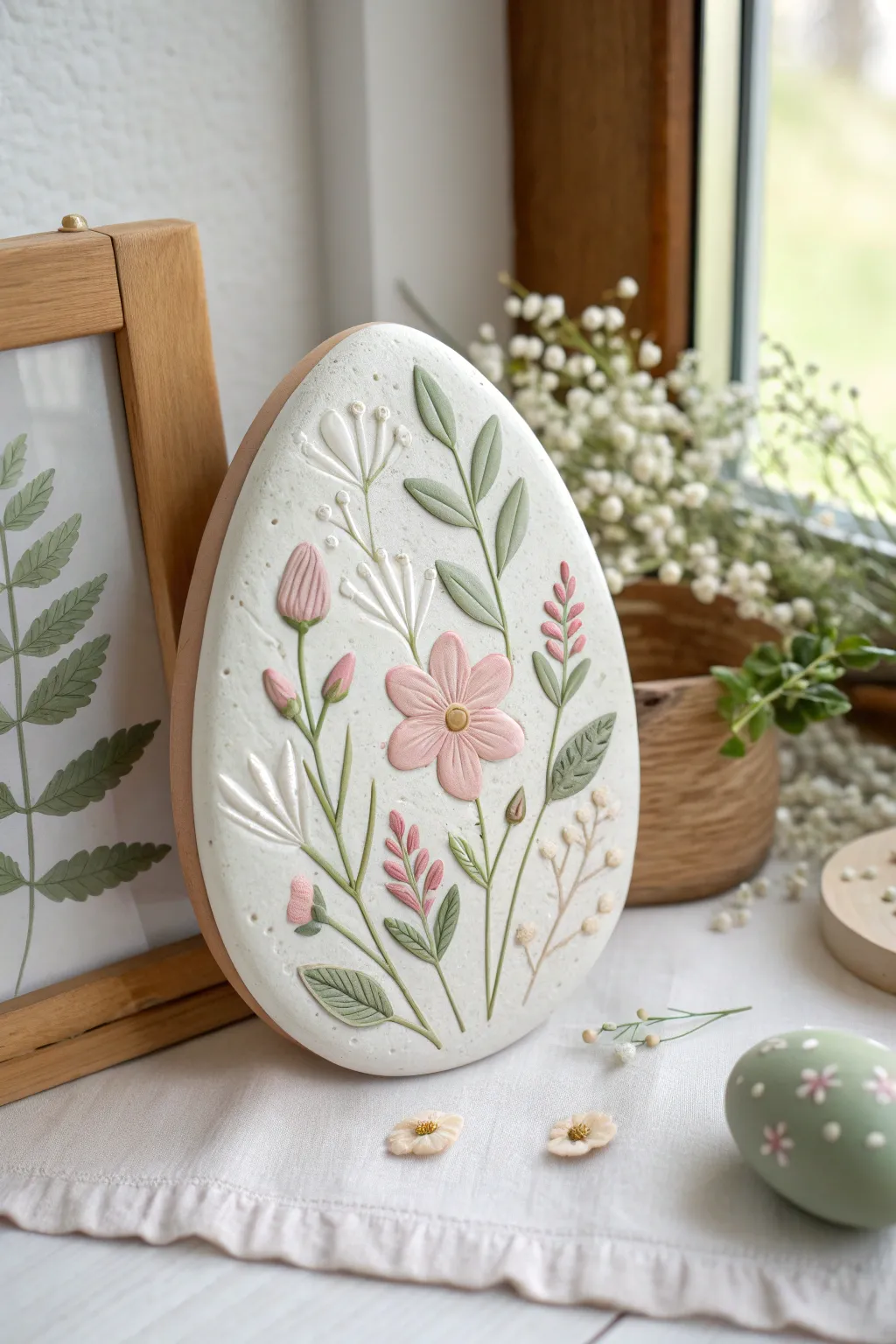 Spring flower egg plaque in pastel tones, minimalist Scandinavian boho Easter decor with handcrafted charm