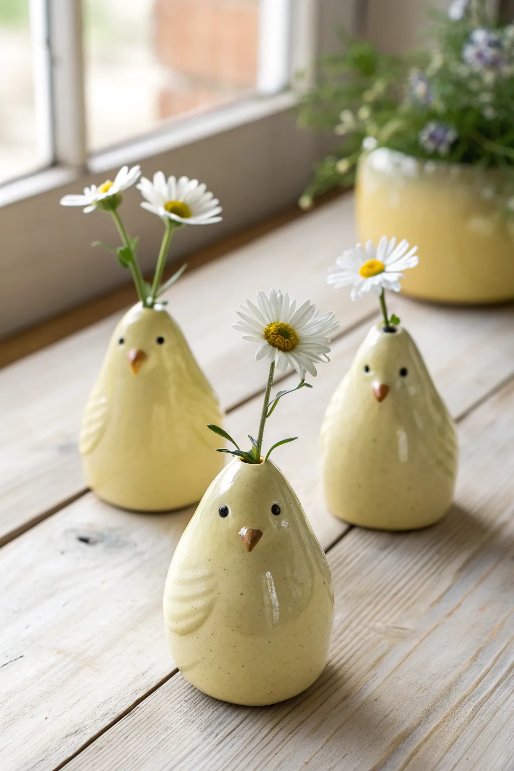 Sweet pale-yellow chick bud vases with single daisies, a minimalist spring Easter vignette