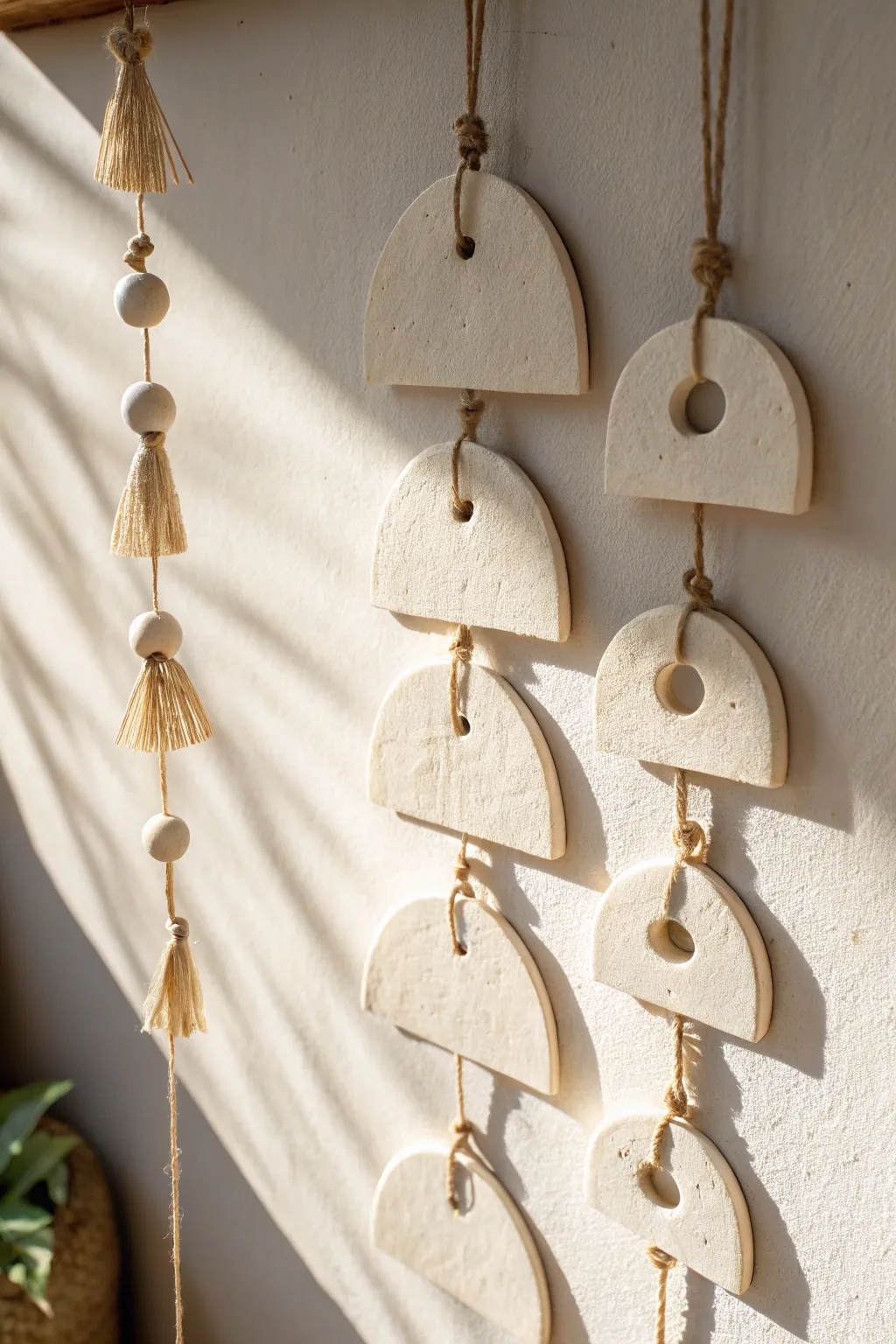 Minimal air-dry clay cut-out wall hanging with circles and arches on linen cord