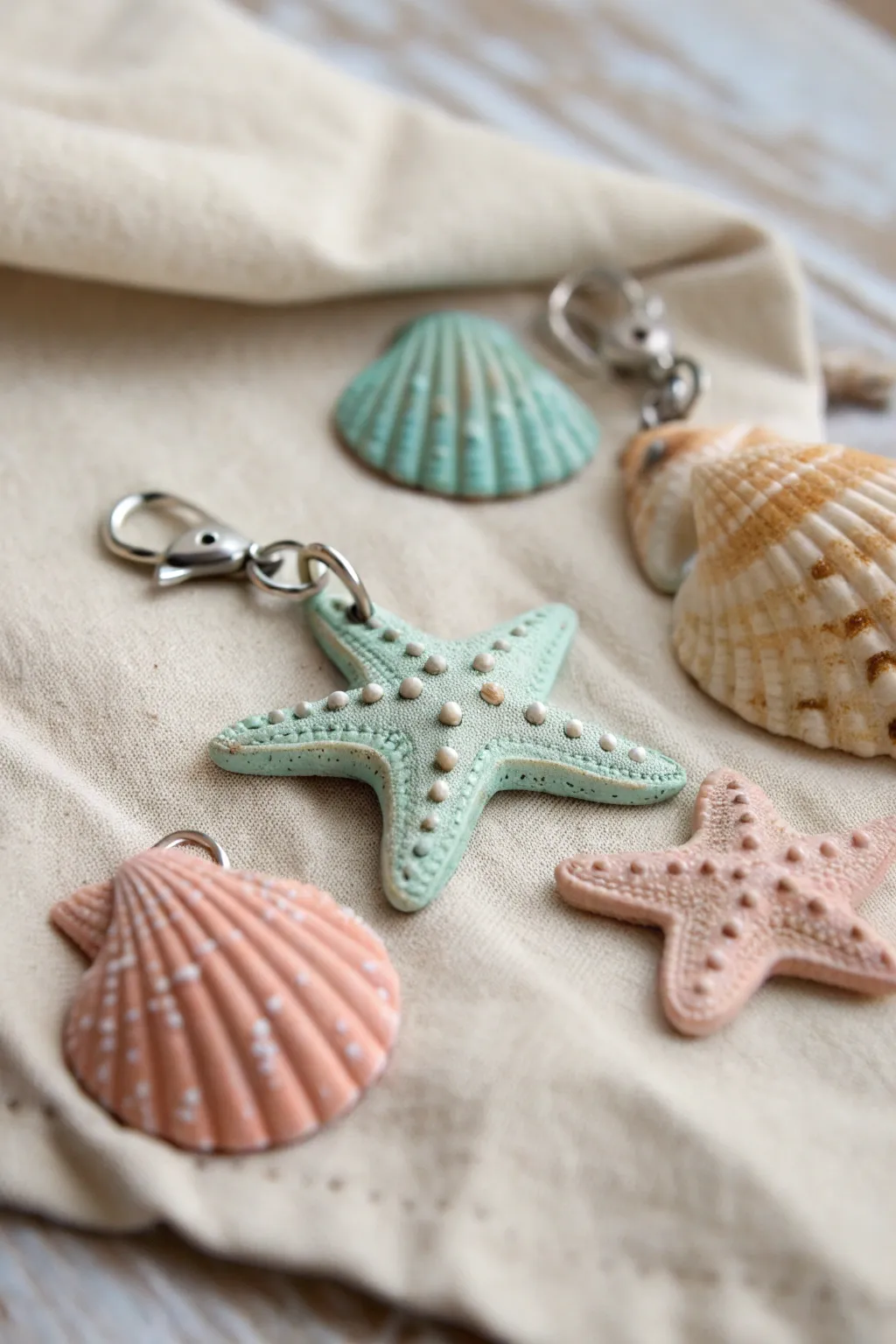 Easy air-dry clay starfish and seashell charms in soft pastels, perfect for kids crafts.