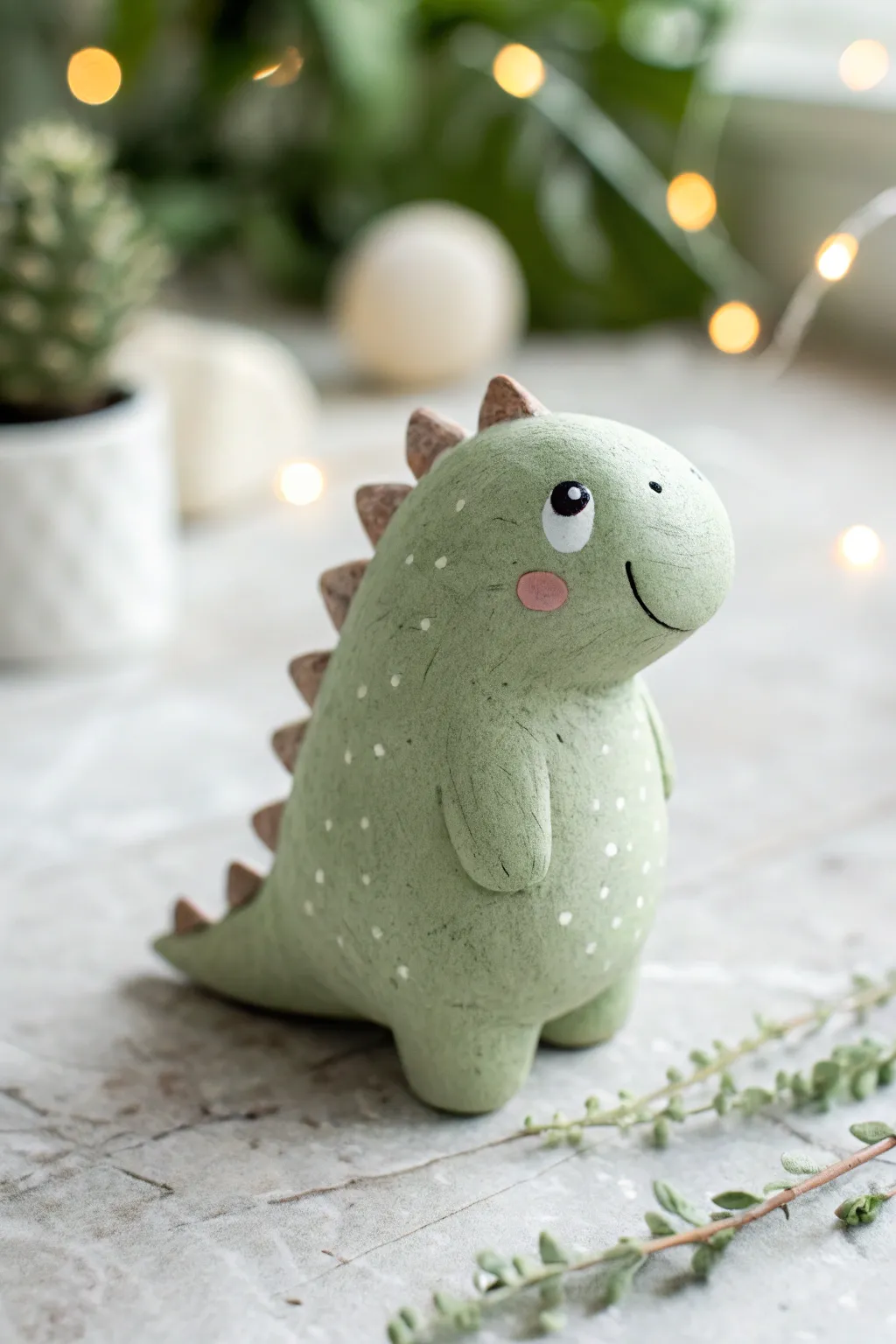 Sweet pastel clay dino nugget with tiny spikes and dot eyes, perfect beginner air-dry project.